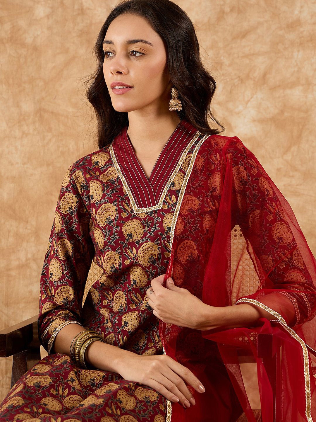 

Indo Era Floral Printed Straight Thread Work Kurta with Palazzos & Dupatta, Maroon