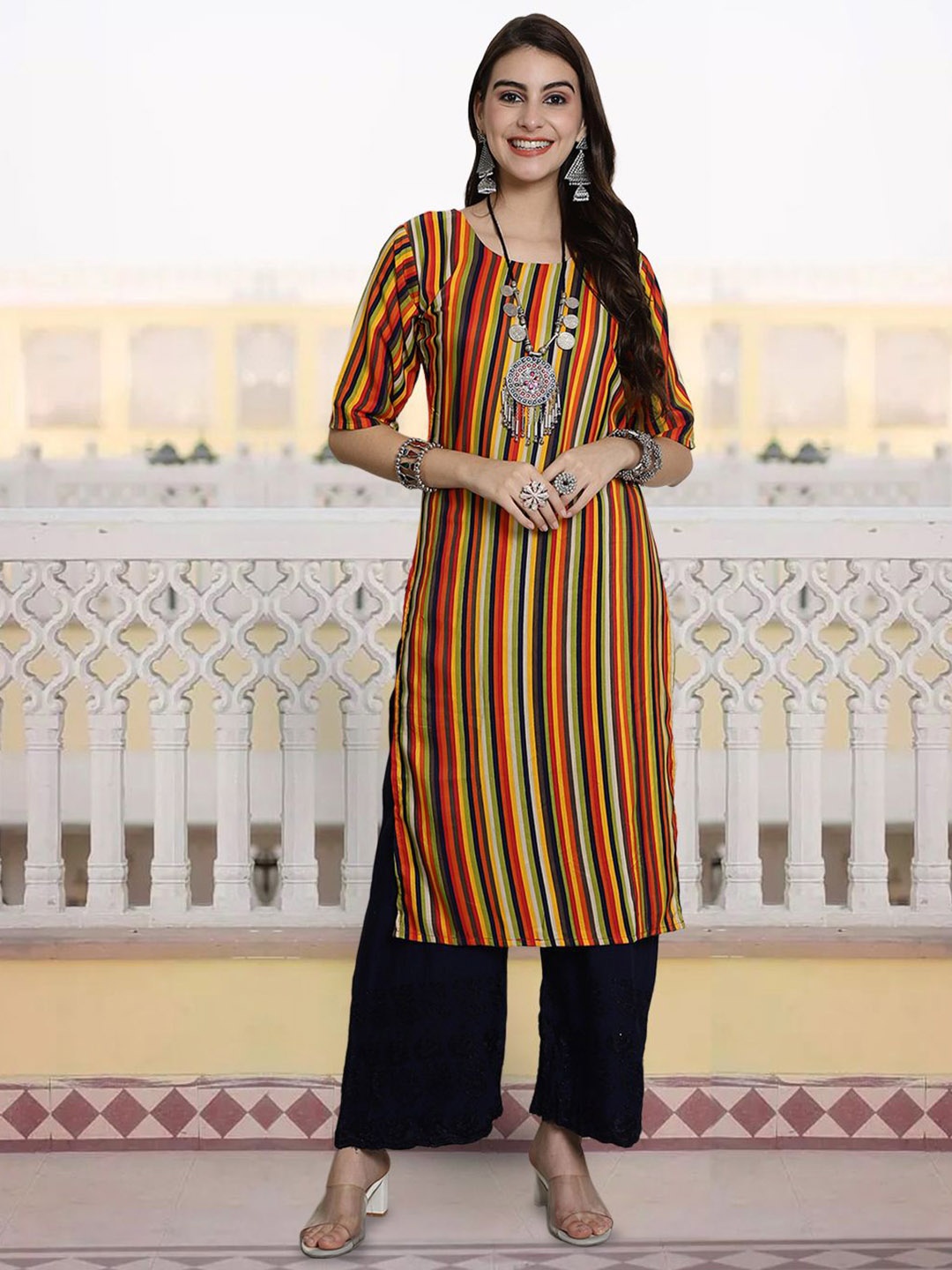 

7Threads Striped Round Neck Crepe Straight Kurta, Red