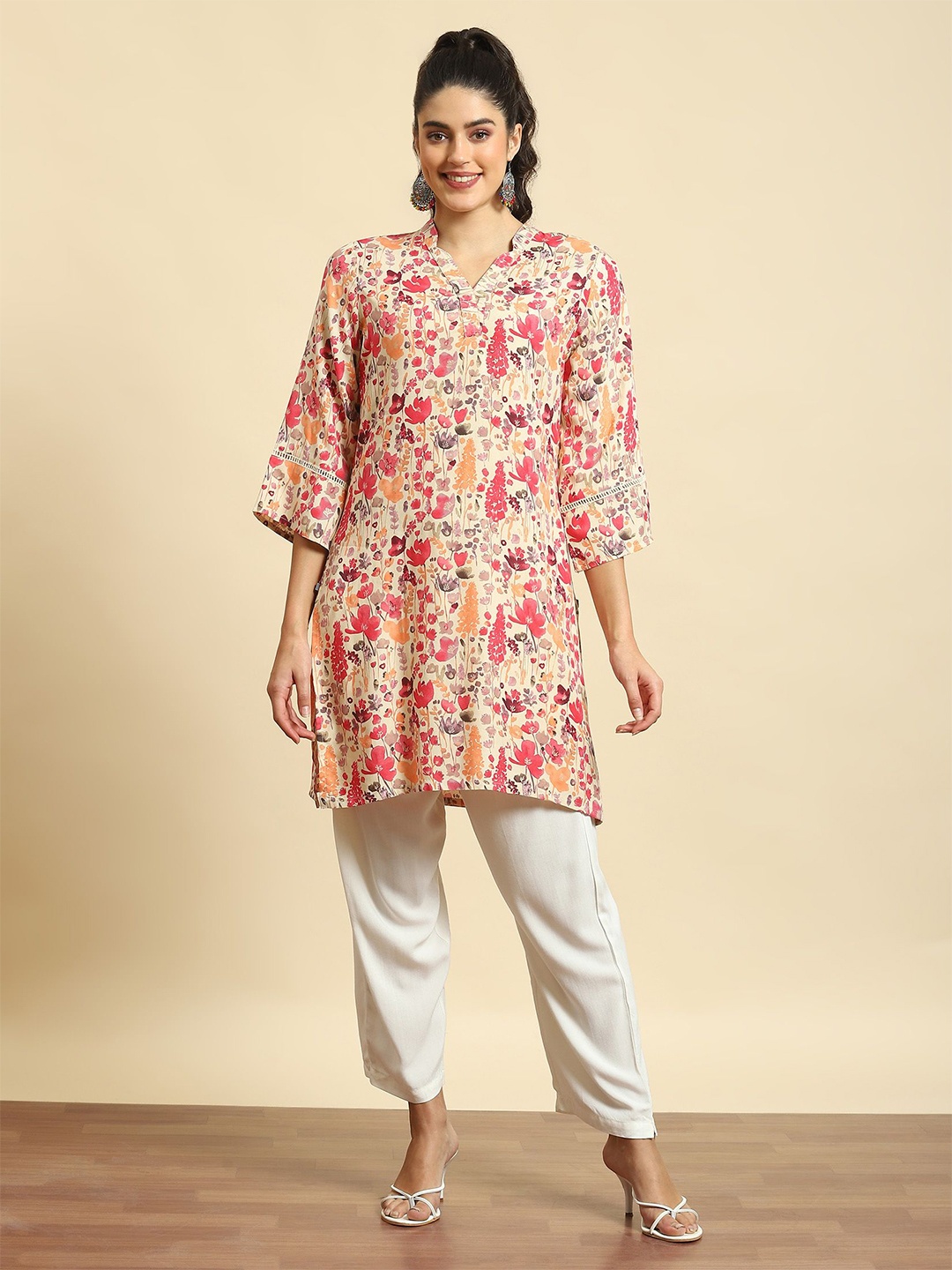 

Shree Floral Printed V-Neck Flared Sleeves Liva Kurti, Pink