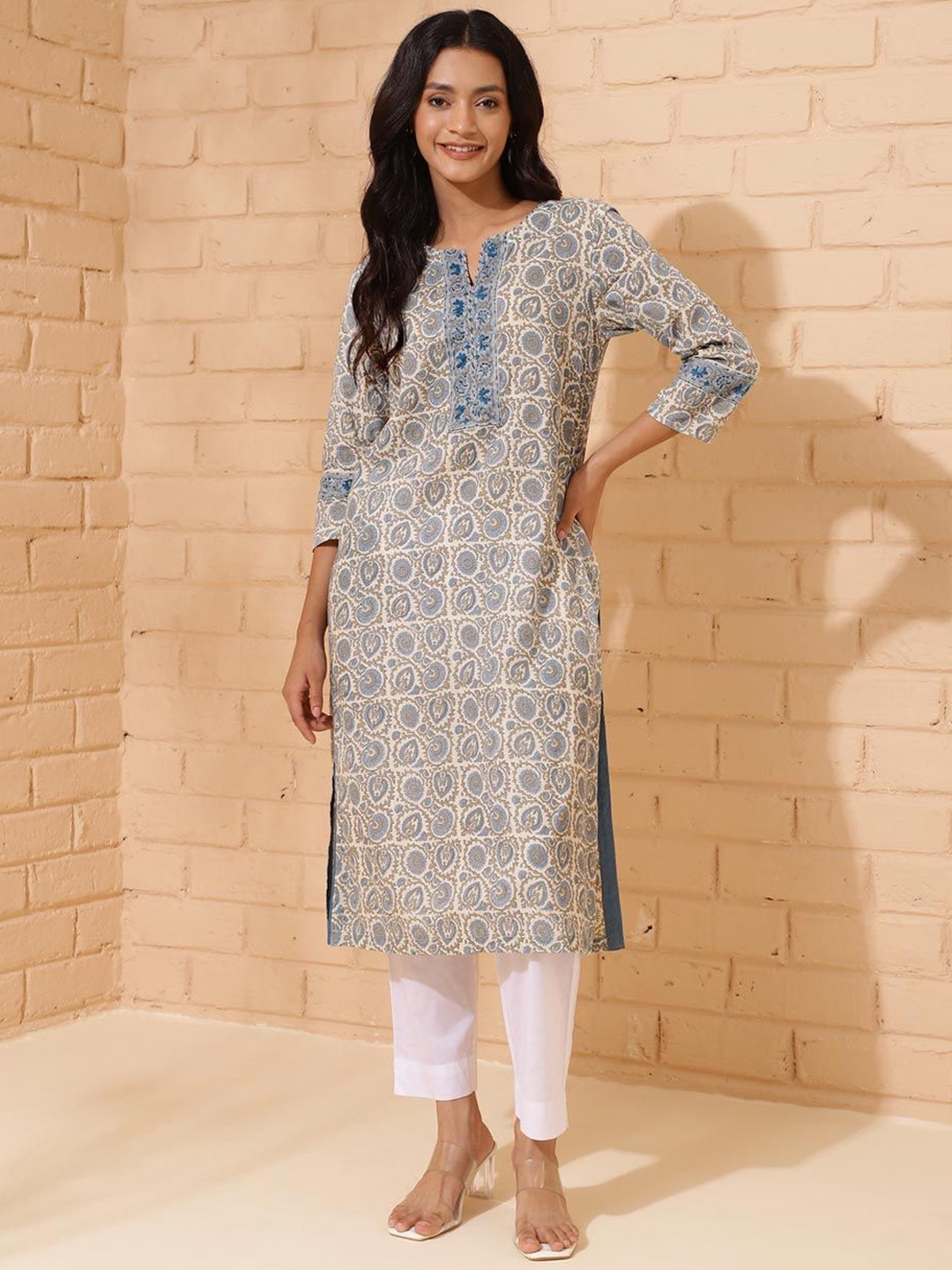 

Fabindia Ethnic Motifs Printed Notch Neck Cotton A-Line Kurta, Beige