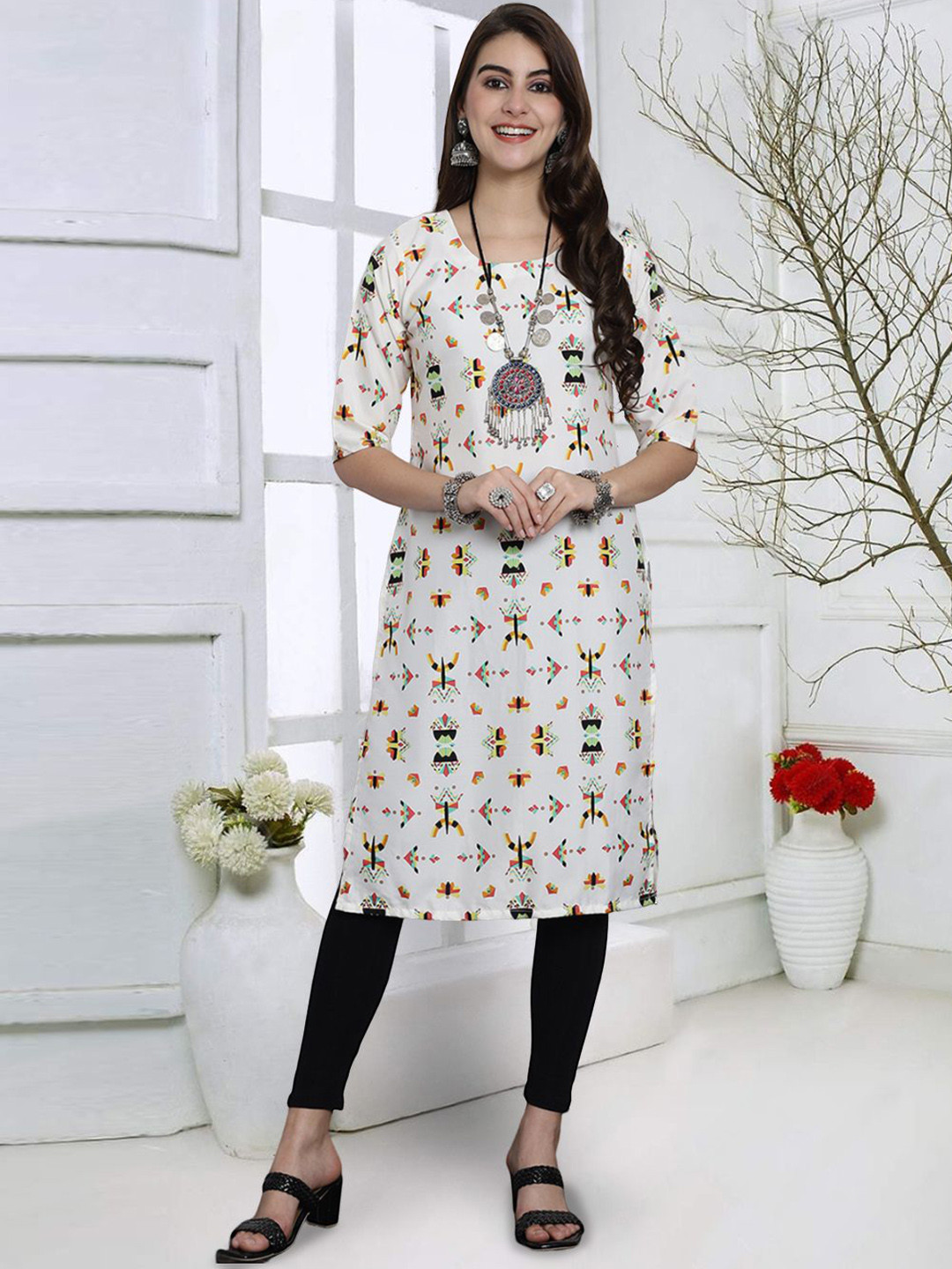 

7Threads Women Quirky Printed Keyhole Neck Mirror Work Floral Crepe Kurta, Multi