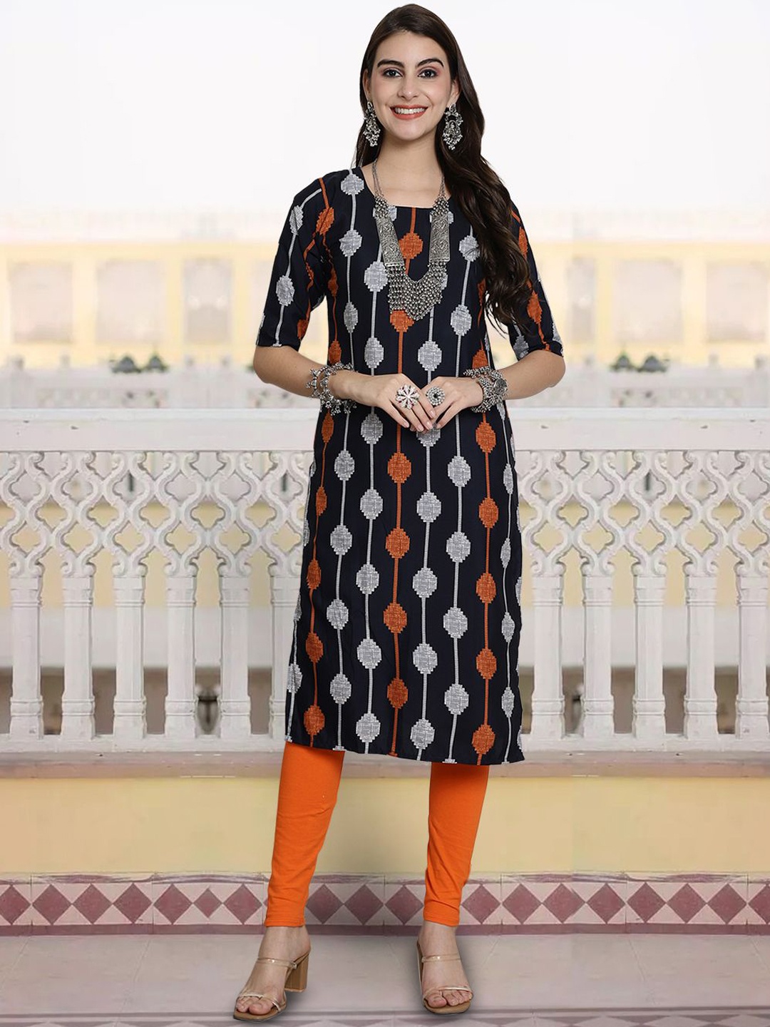 

7Threads Ethnic Motifs Printed Straight Kurta, Black