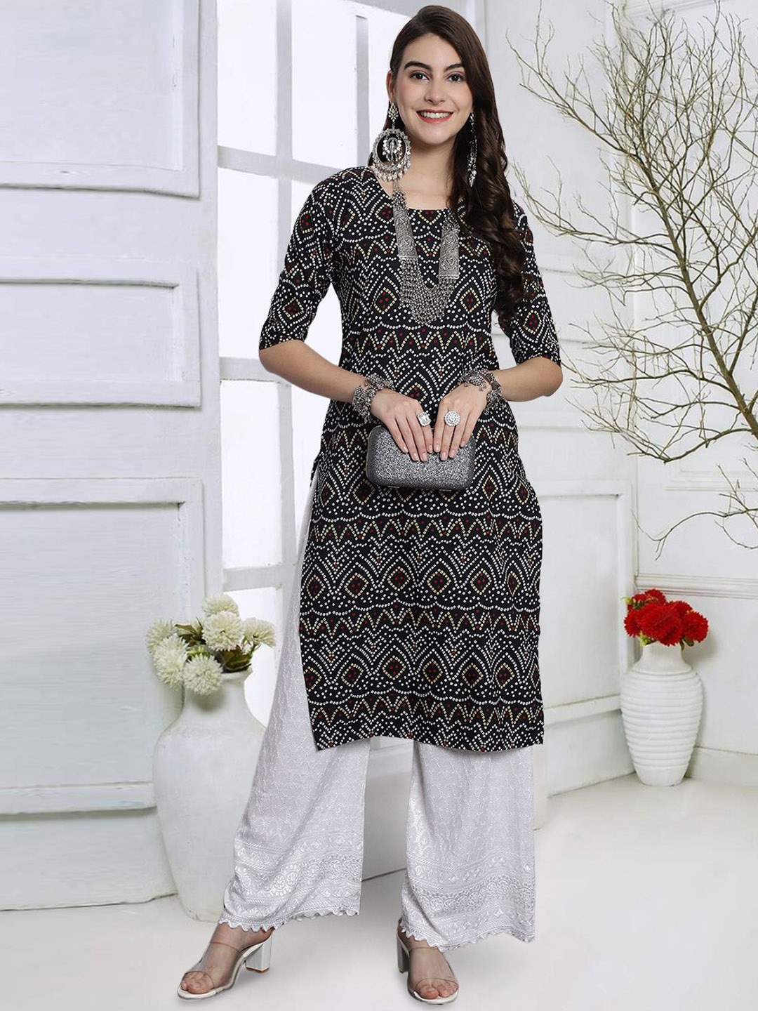 

7Threads Bandhani Printed Round Neck Straight Kurta, Black