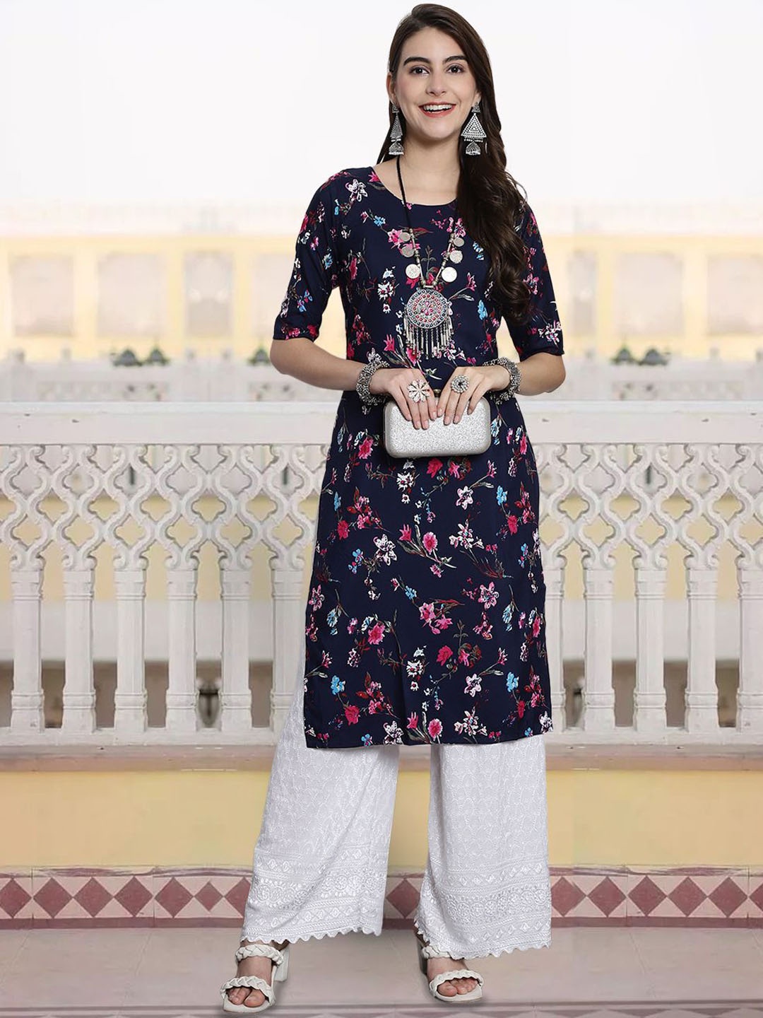 

7Threads Floral Printed Round Neck Straight Kurta, Navy blue