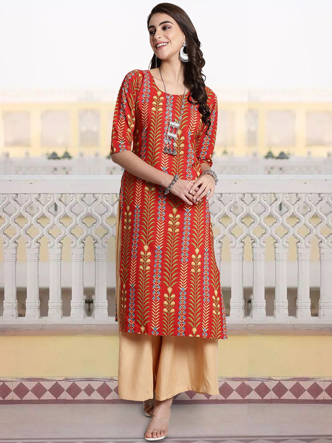 

7Threads Floral Printed Round Neck Straight Kurta, Red