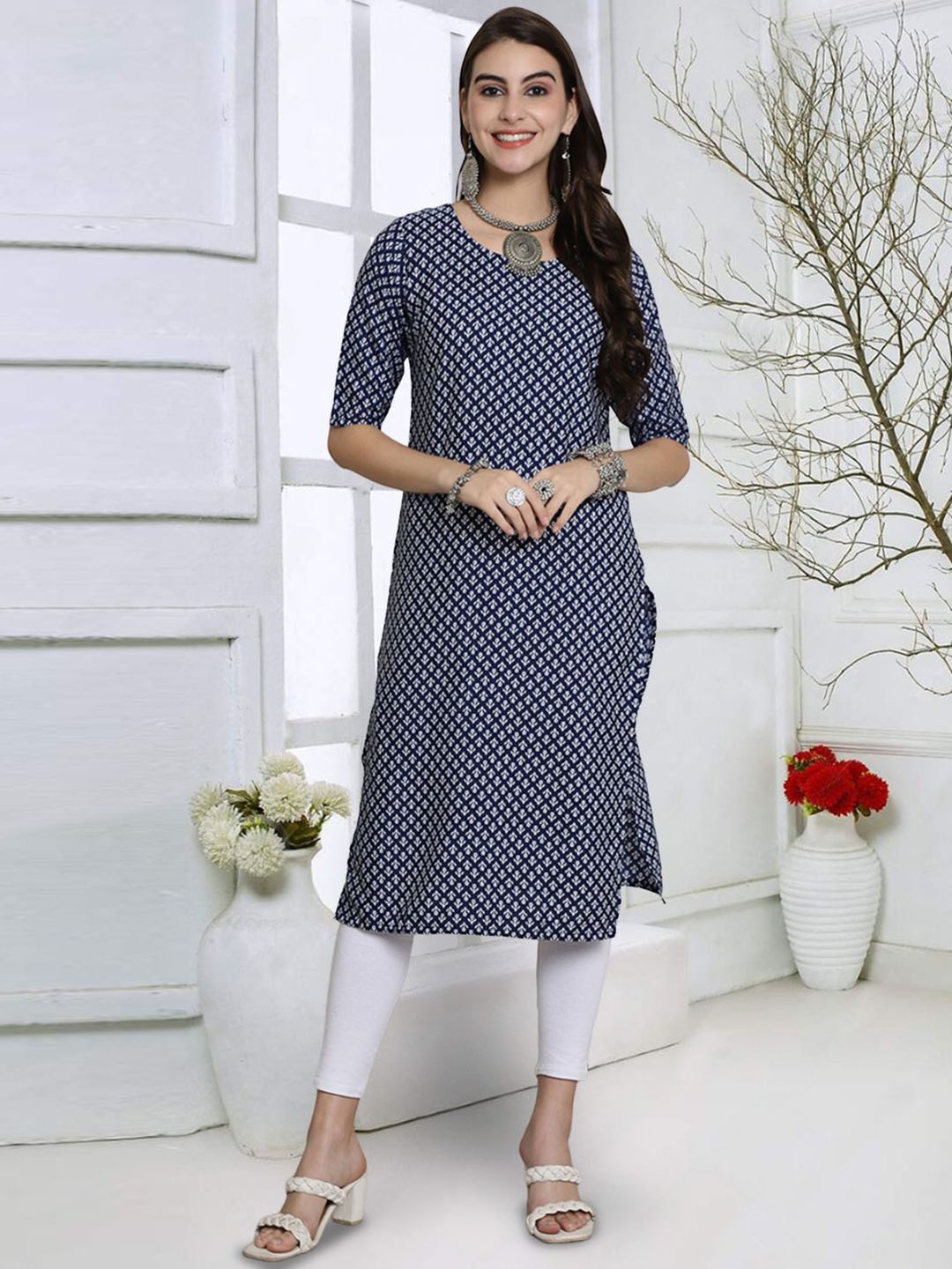 

7Threads Floral Printed Straight Kurta, White