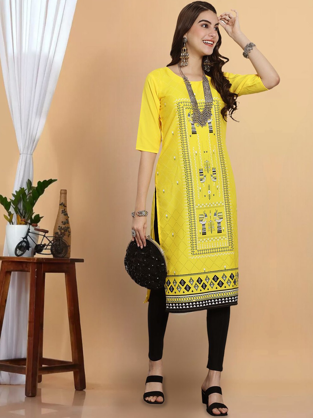 

7Threads Ethnic Motifs Printed Straight Kurta, Yellow