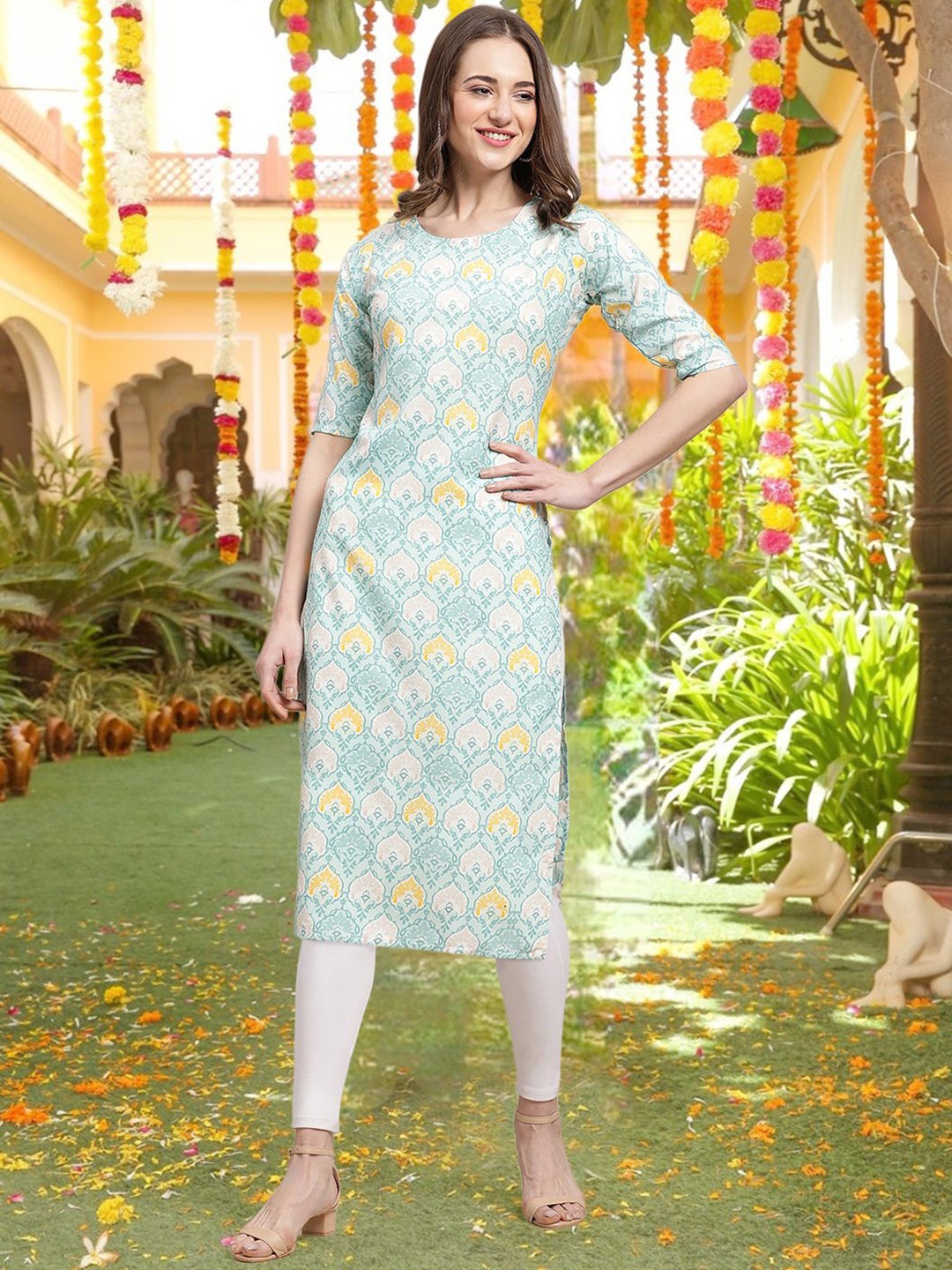

7Threads Floral Printed Round Crepe Straight Kurta, Blue