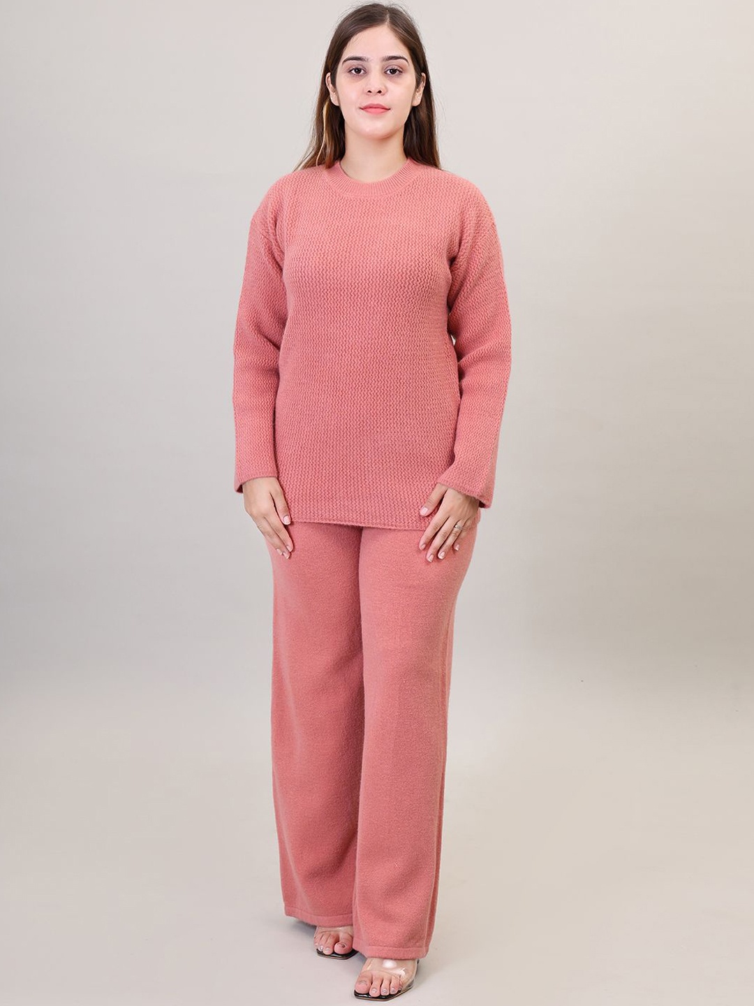 

Camey Zig-Zag Round Neck Pure Woollen Sweater With Palazzo, Coral