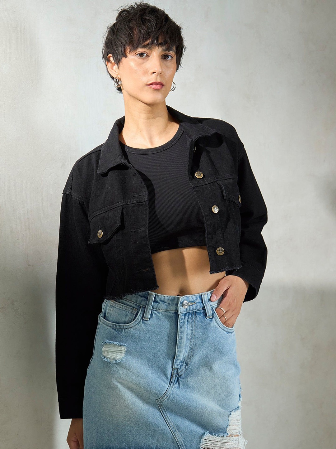

Virgio Women Cotton Collar Neck Crop Length Denim Full Sleeve Jacket, Black