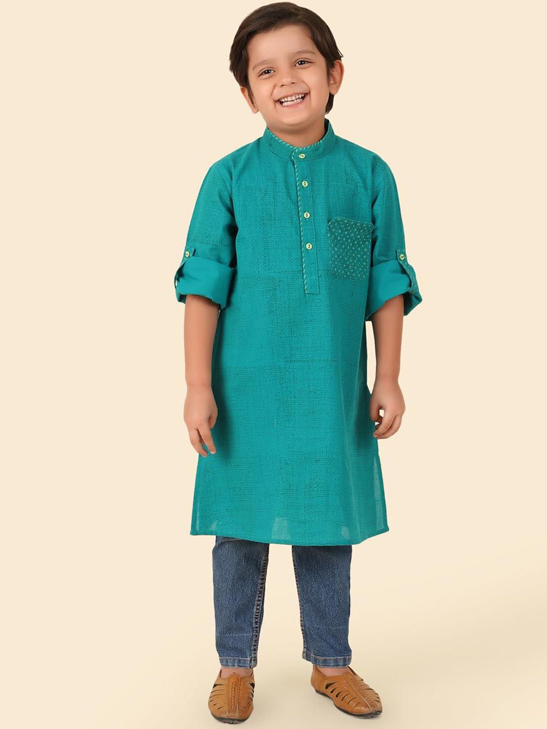 

Fabindia Boys Abstract Printed Band Collar Pure Cotton Straight Kurta, Teal