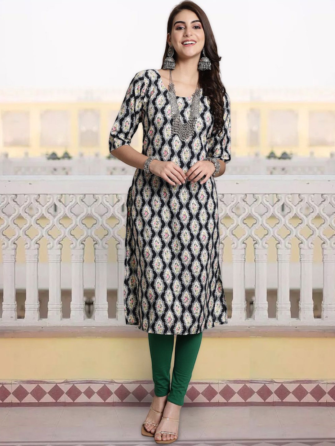 

7Threads Women Printed Flared Sleeves Sequinned Floral Crepe Kurta, Multi