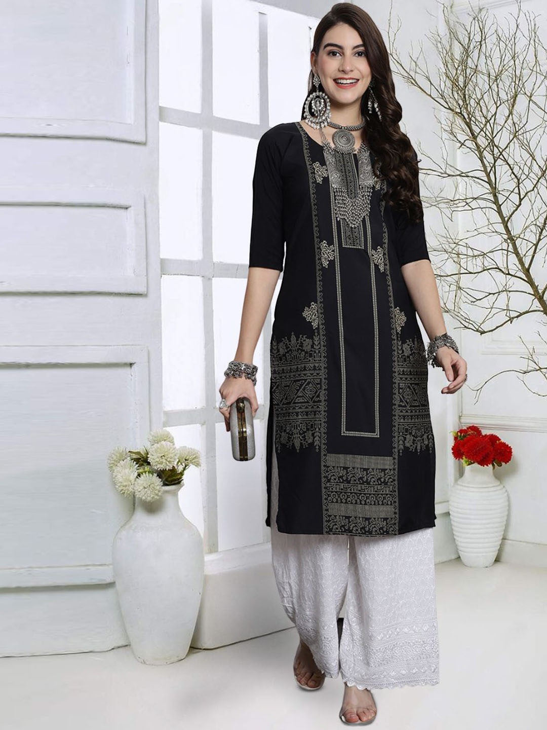 

7Threads Abstract Printed Straight Kurta, Black