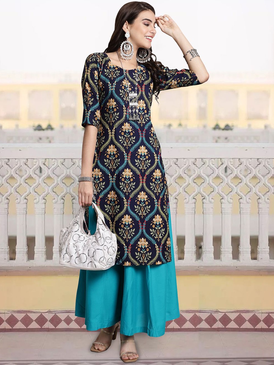 

7Threads Ethnic Motifs Printed Round Neck Crepe Straight Kurta, Navy blue