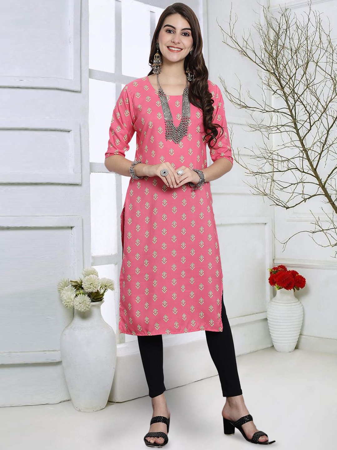 

KALINI Ethnic Motifs Printed Round Neck Crepe Straight Kurta, Pink