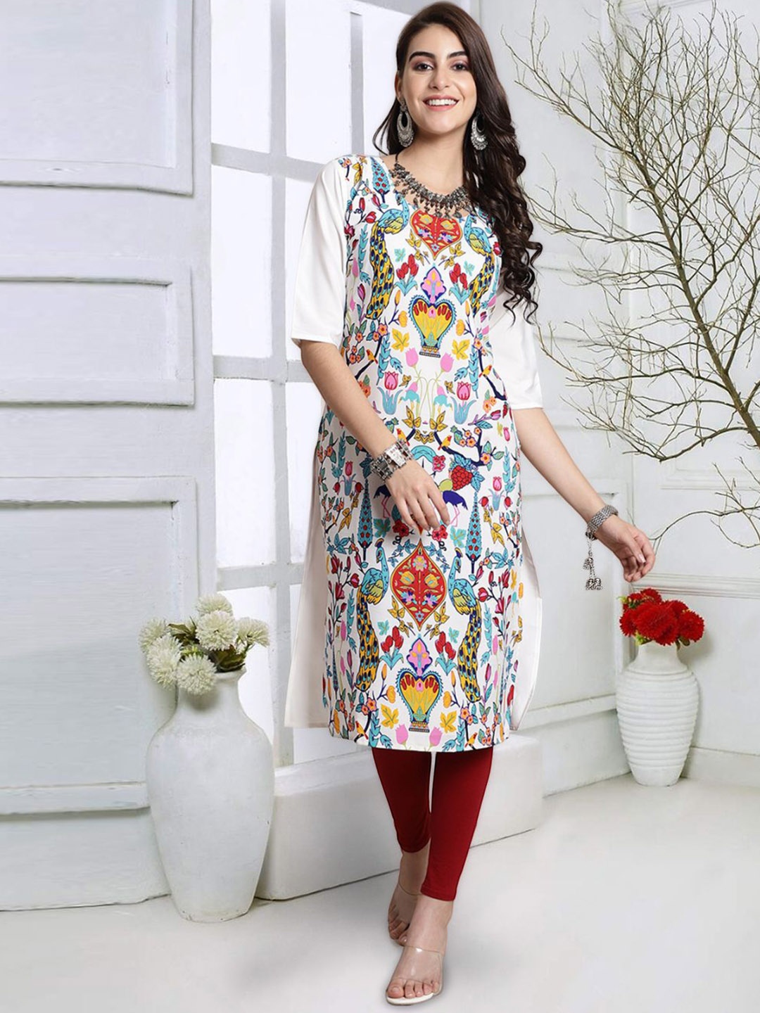 

7Threads Women Printed Keyhole Neck Mirror Work Floral Crepe Kurta, Multi