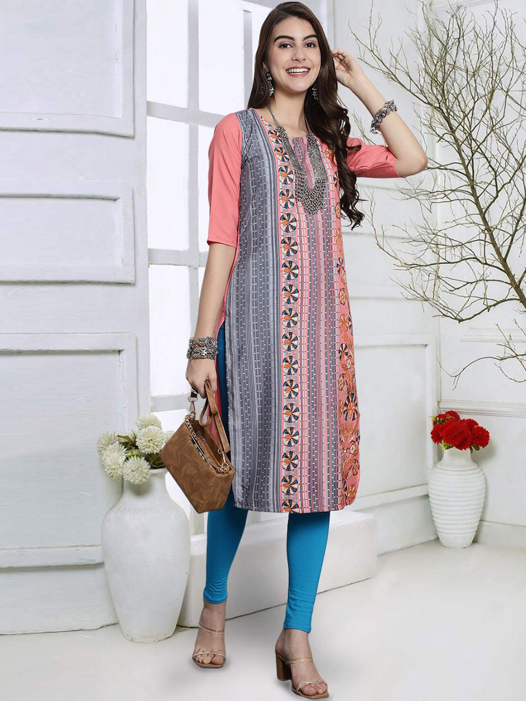 

7Threads Abstract Printed Straight Kurta, Peach