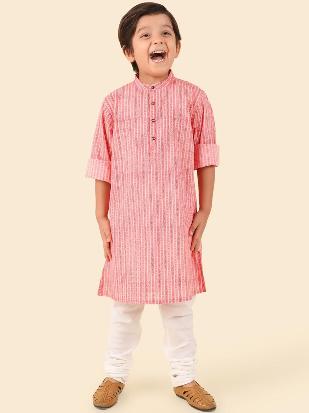 

Fabindia Boys Geometric Block Printed Mandarin Collar Cotton Straight Kurta, Peach