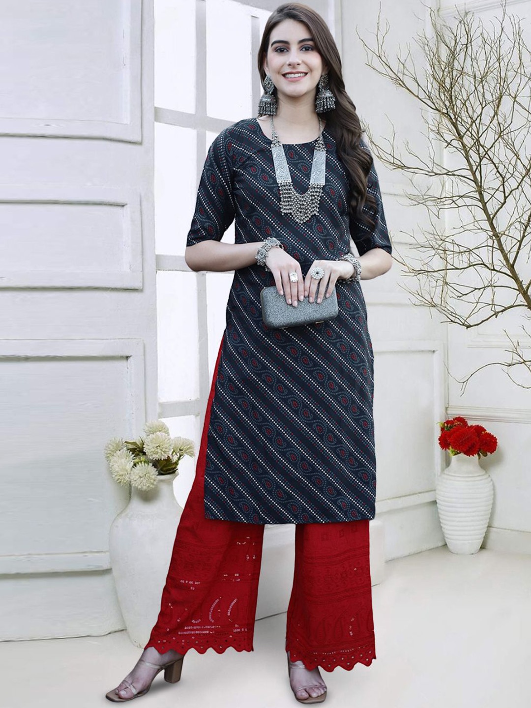 

7Threads Bandhani Printed Round Neck Straight Kurta, Navy blue