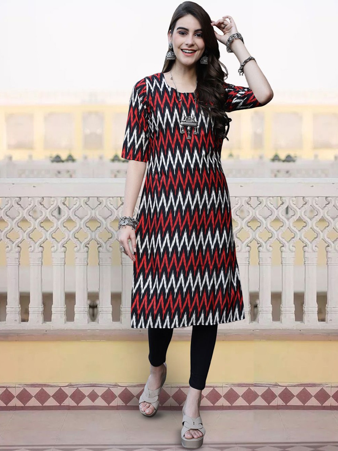 

7Threads Chevron Printed Straight Kurta, Black
