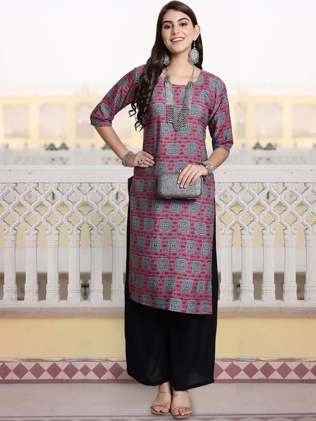 

7Threads Geometric Printed Round Neck Straight Kurta, Mauve