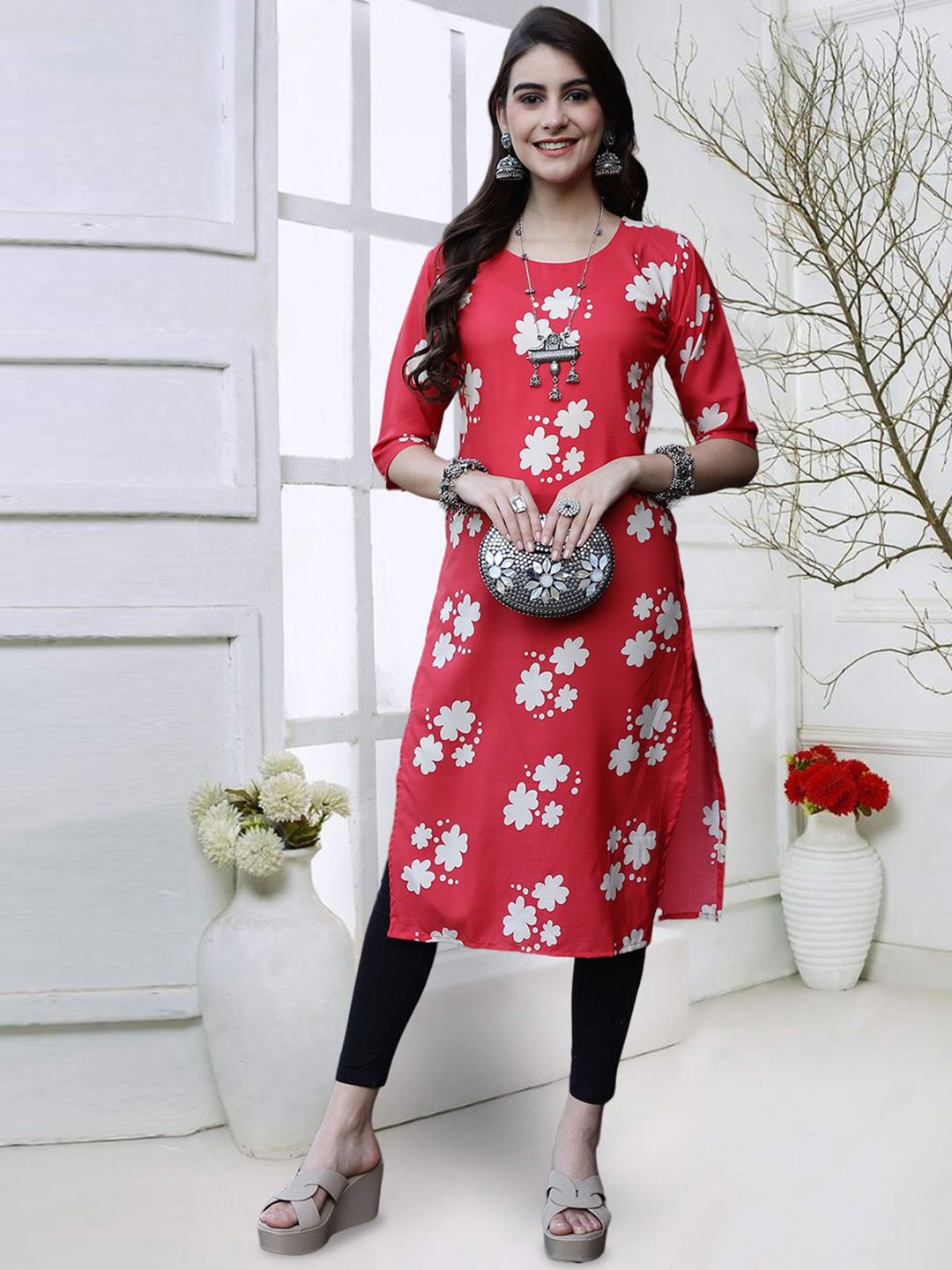 

7Threads Floral Printed Straight Kurta, Red