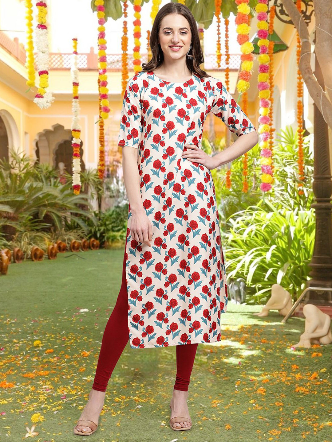 

7Threads Floral Printed Round Neck Straight Kurta, White