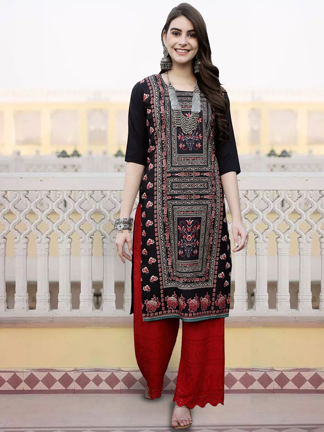 

7Threads Floral Printed Straight Kurta, Black