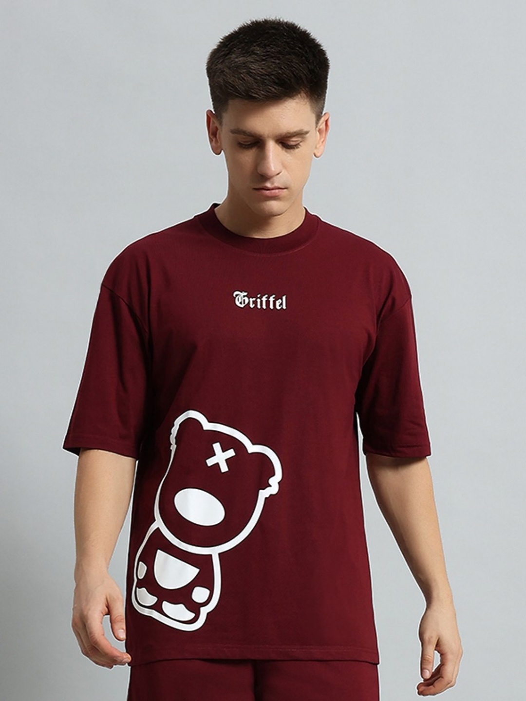 

GRIFFEL Men Graphic Printed Round Neck Cotton Oversized T-Shirt, Maroon