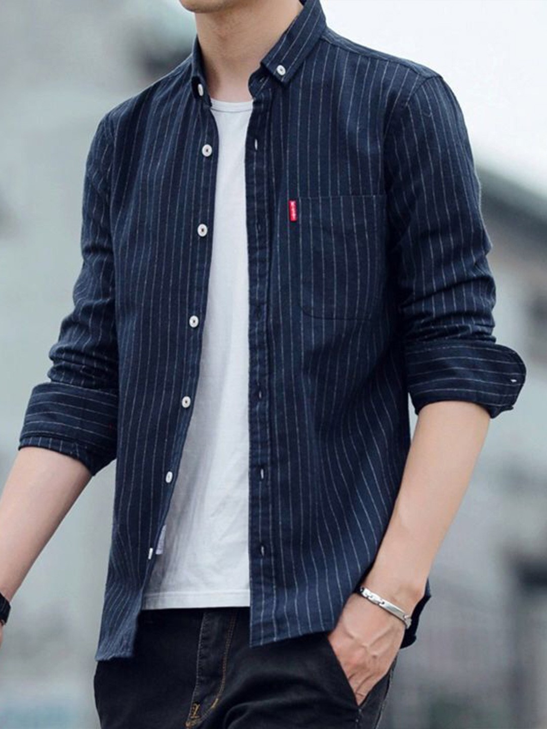 

StyleCast Men Slim Fit Opaque Striped Casual Shirt, Navy blue