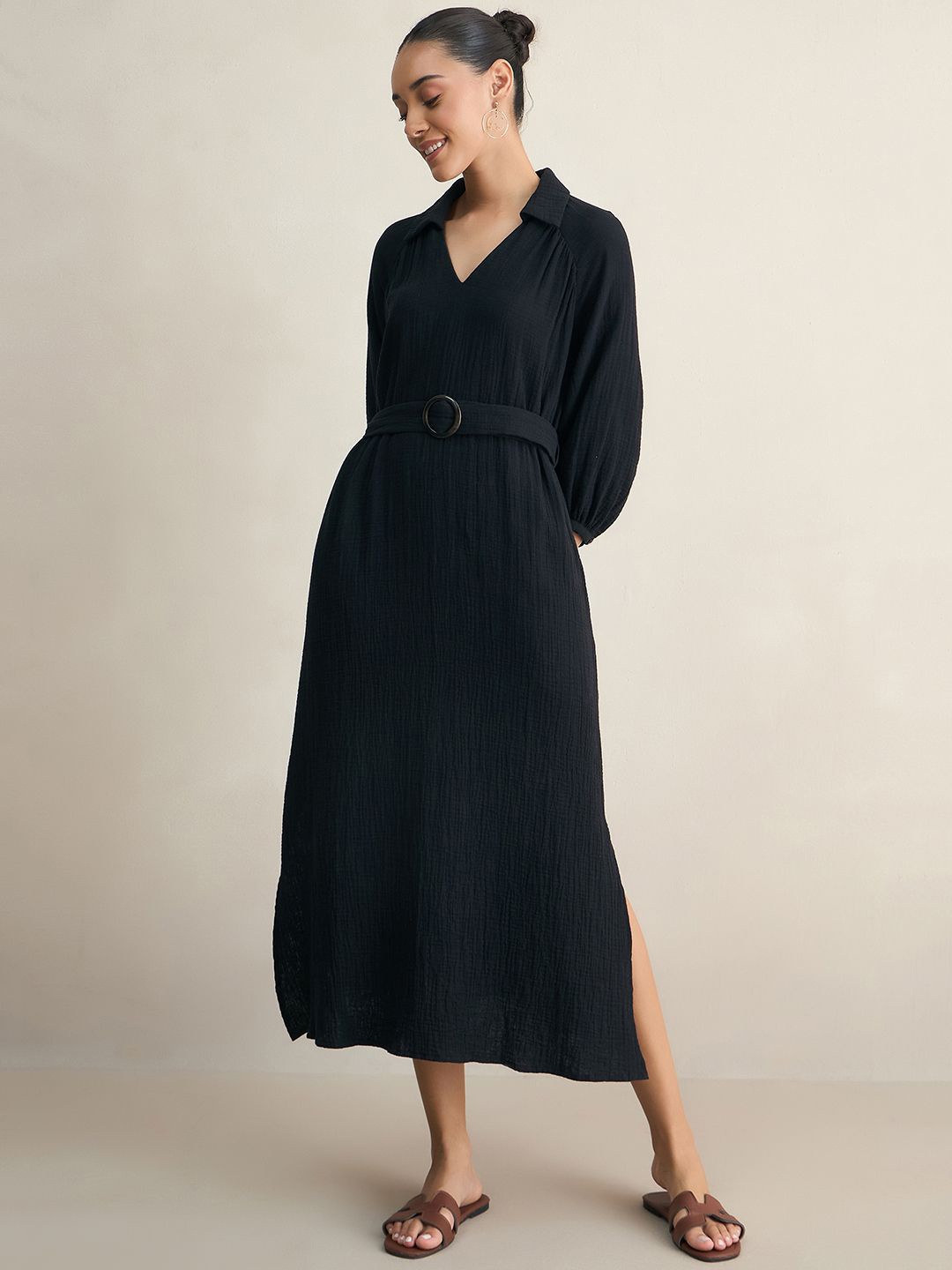 

FEMMELLA Puff Sleeve A-Line Maxi Dress, Black