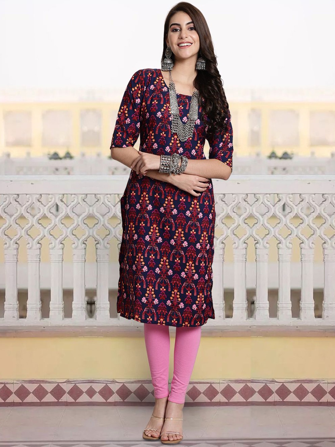 

7Threads Women Floral Printed Flared Sleeves Sequinned Floral Crepe Kurta, Multi