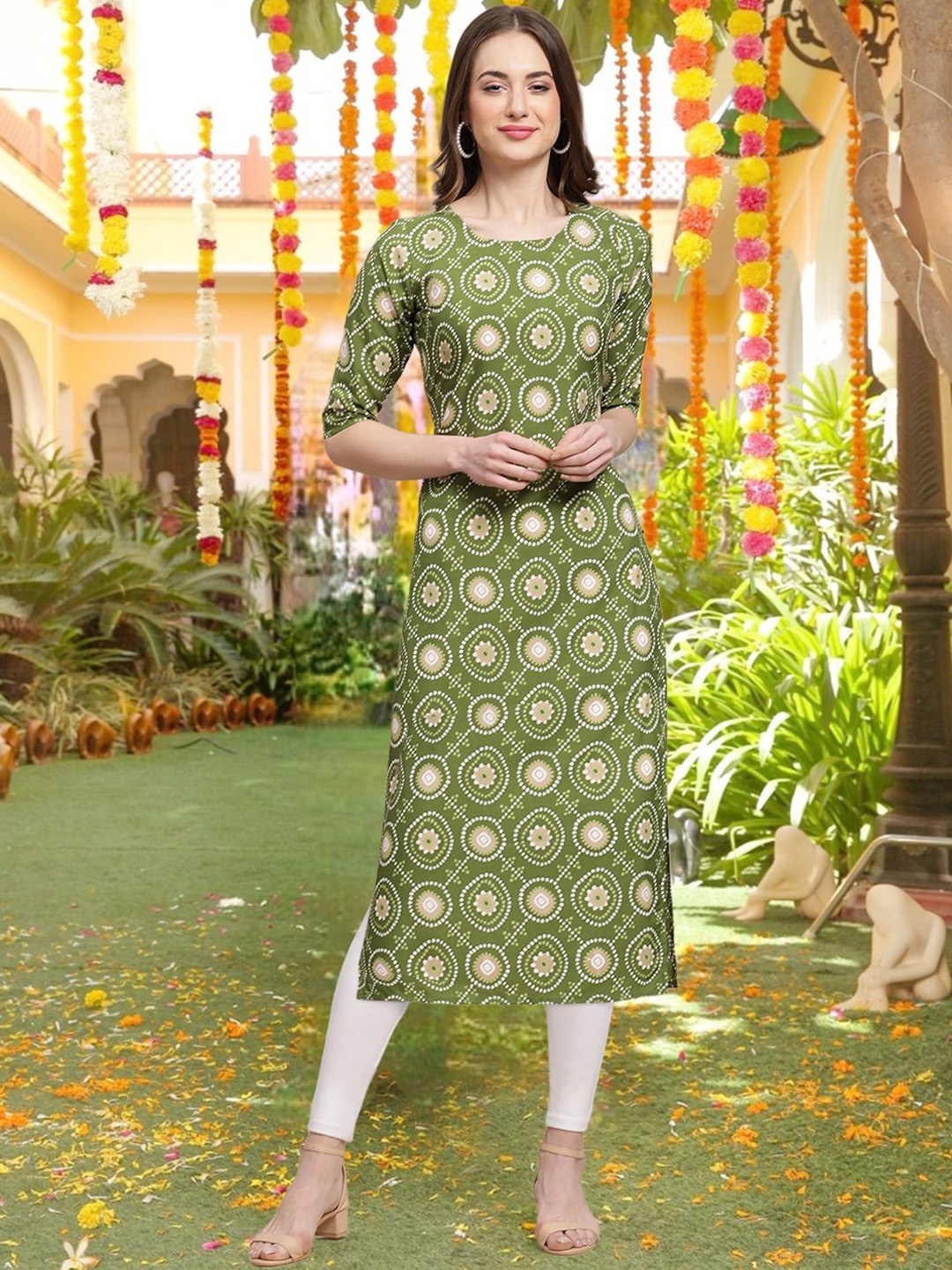 

7Threads Geometric Printed Round Neck Straight Kurta, Green