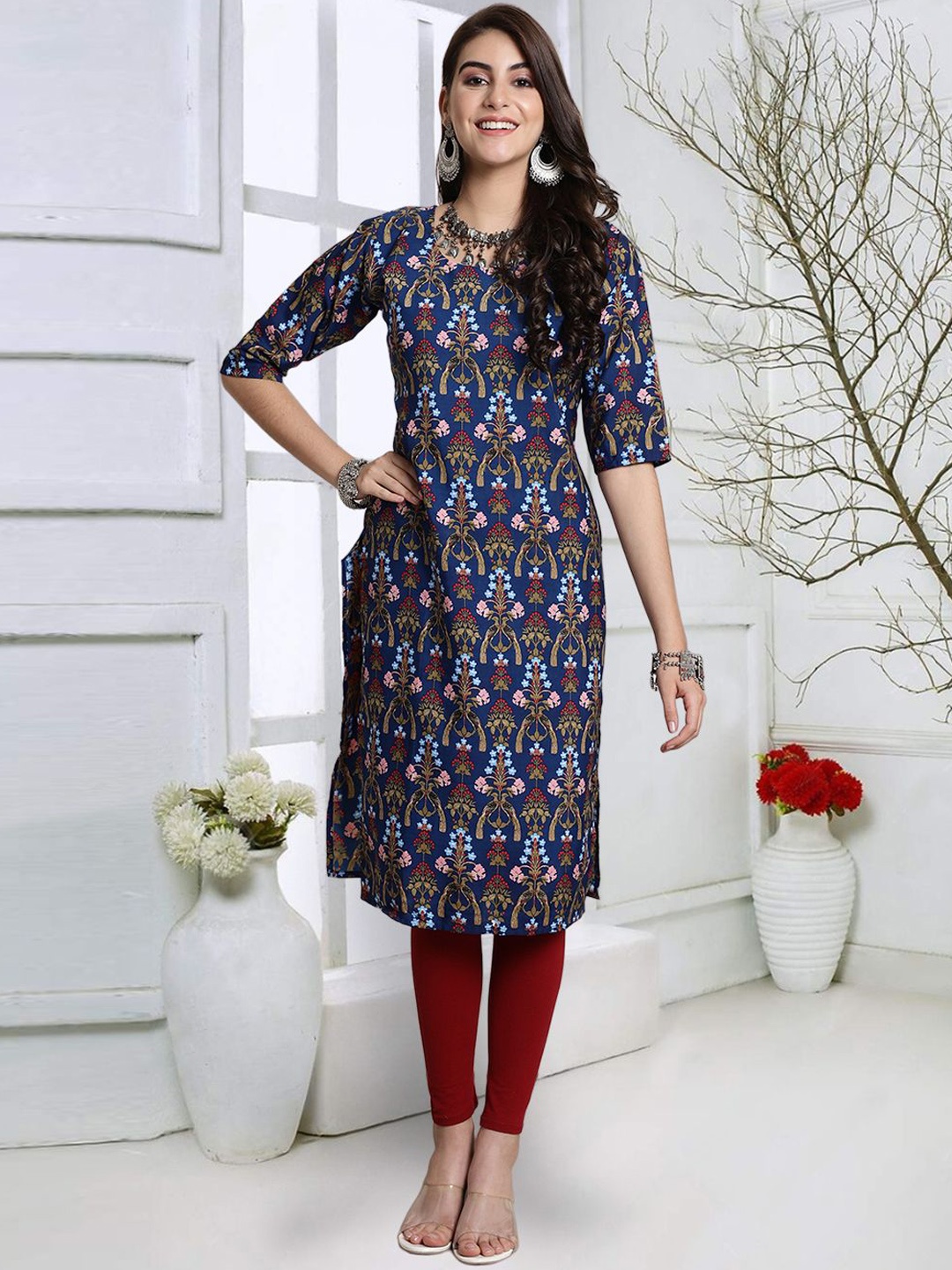 

7Threads Floral Printed Round Neck Straight Kurta, Blue