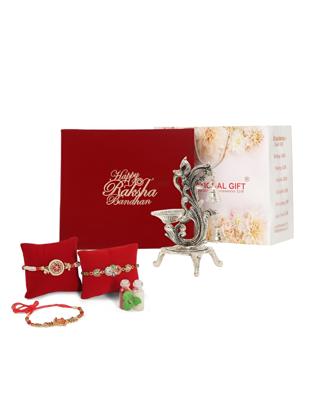 

INTERNATIONAL GIFT Set Of 3 Rakhis With Diya Stand, Silver