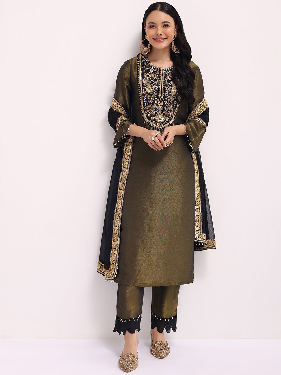 

KALKI Fashion Sequin Embroidered Three-Quarter Sleeves Kurta with Trousers & With Dupatta, Green