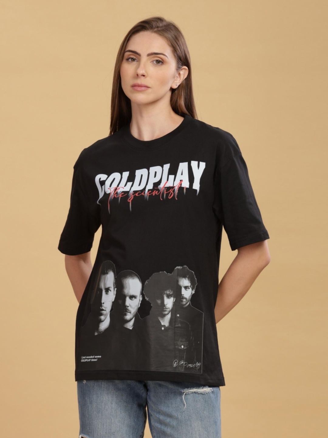 

CAPTCHA Women Graphic Printed Round Neck Cotton Oversized T-Shirt, Black