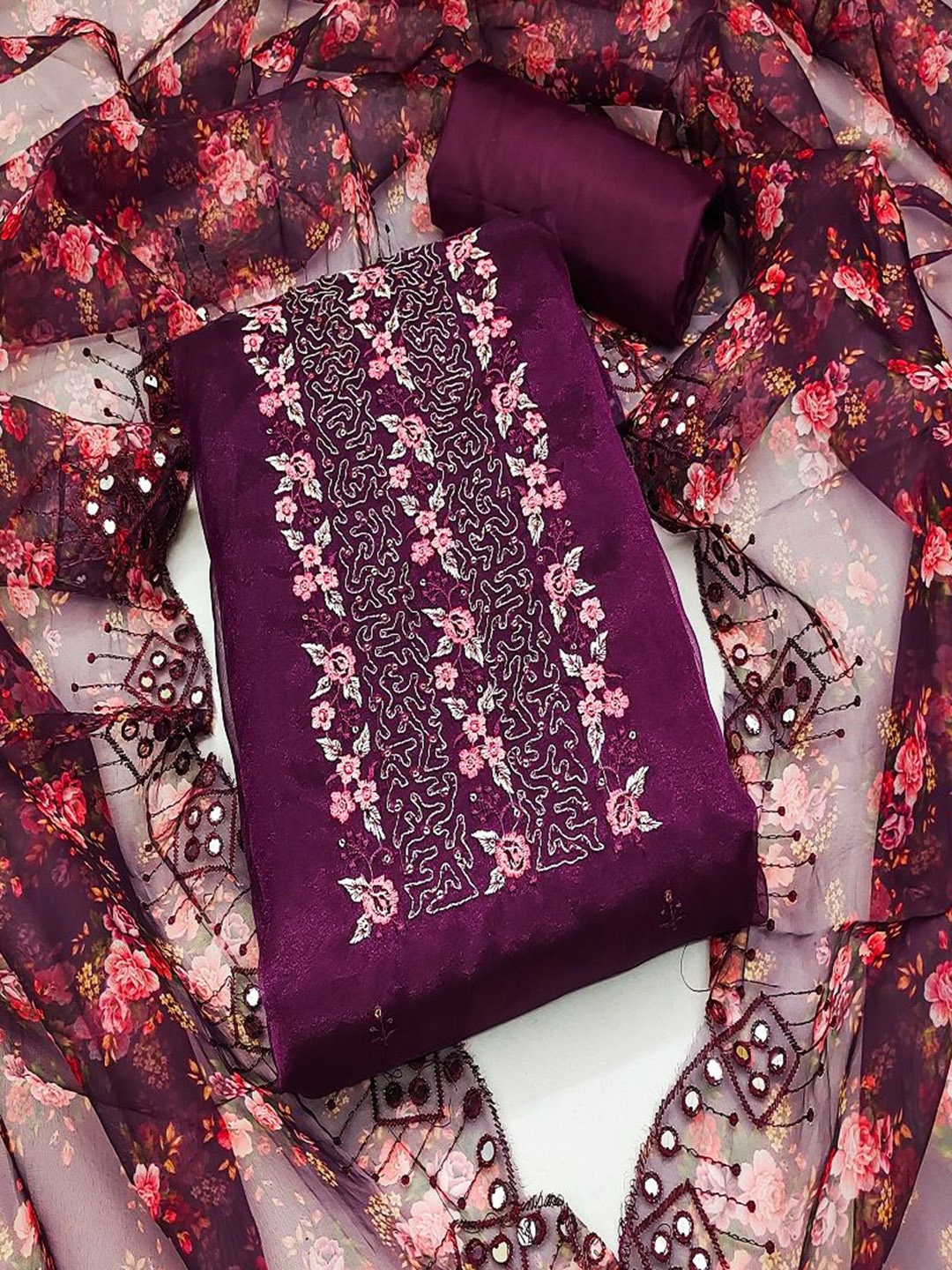 

KRITVA FASHION Floral Embroidered Sequinned Organza Semi-Stitched Dress Material, Purple