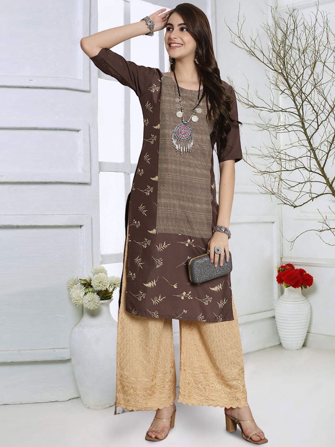 

7Threads Floral Printed Round Neck Crepe Straight Kurta, Brown