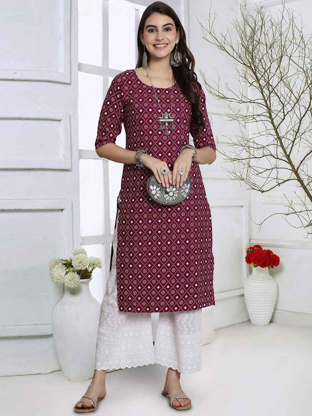 

7Threads Ethnic Motifs Printed Straight Kurta, Brown