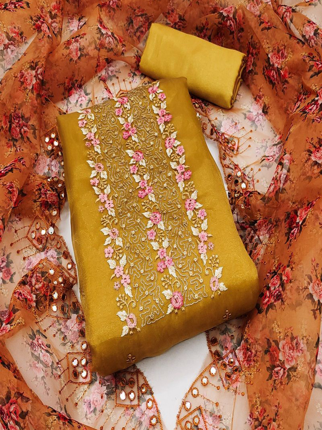 

KRITVA FASHION Floral Embroidered Sequinned Organza Semi-Stitched Dress Material, Mustard