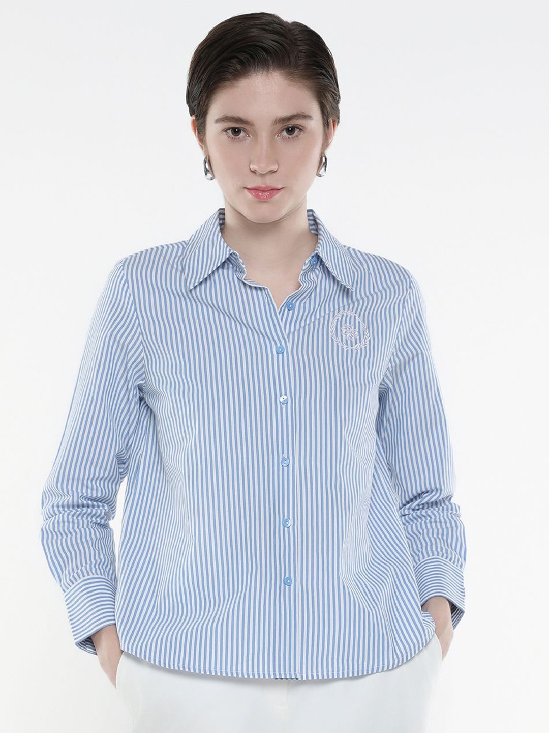

RAREISM Women Comfort Spread Collar Striped Cotton Formal Shirt, Blue