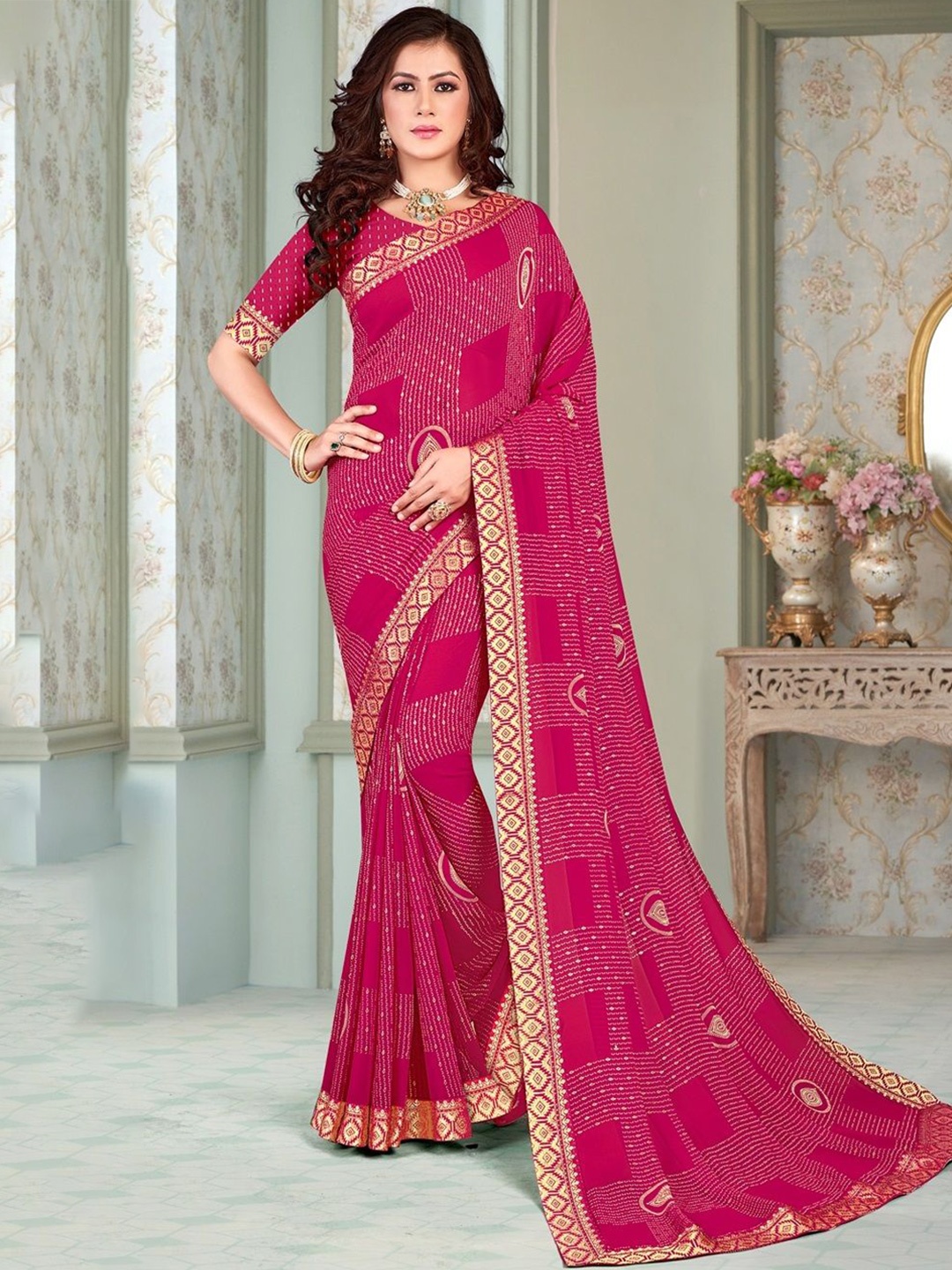 

Reboot Fashions Bandhani Embroidered Pure Georgette Saree, Pink