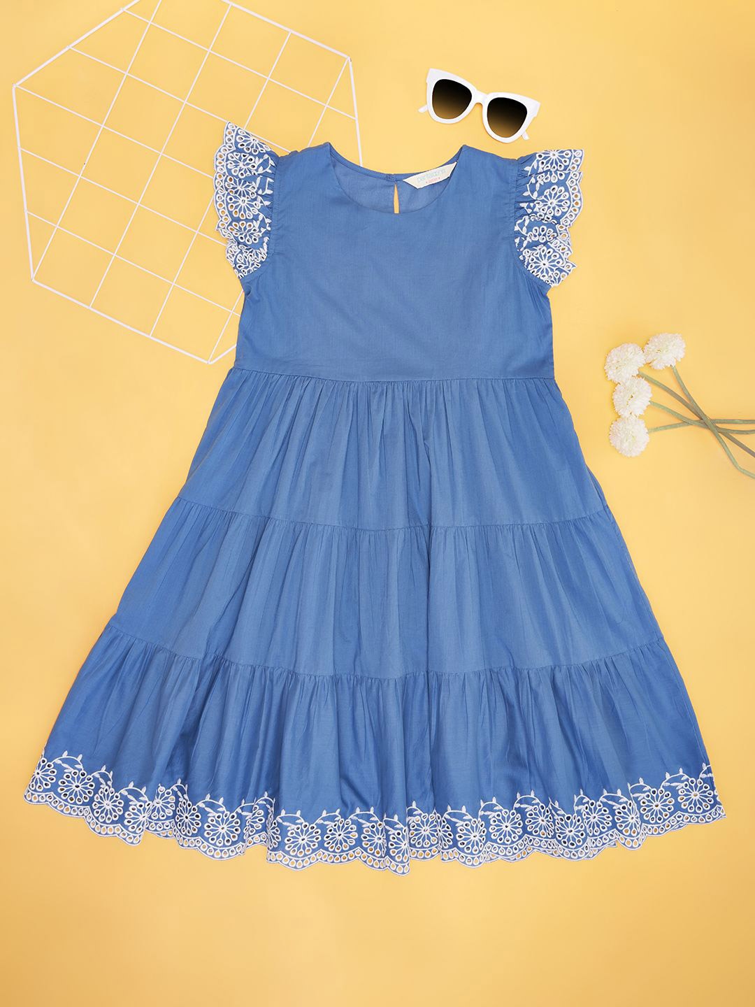 

AKKRITI BY PANTALOONS Girls Cotton Round Neck A-Line Dress, Blue
