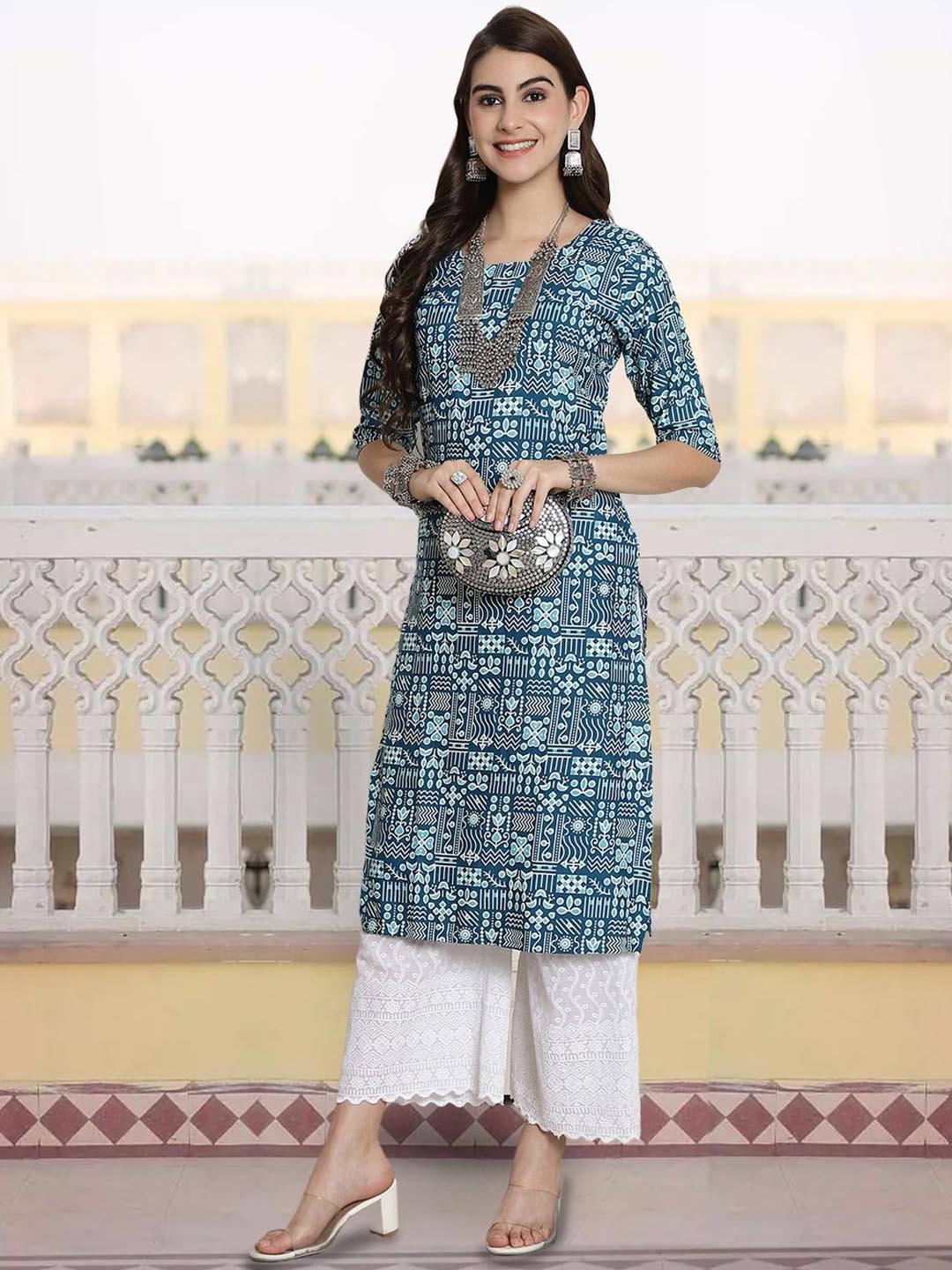 

7Threads Geometric Printed Round Neck Straight Kurta, Blue