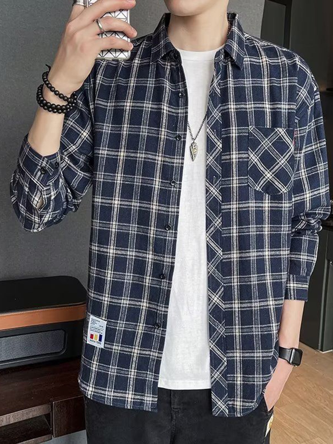 

StyleCast Men Tartan Checks Opaque Checked Casual Shirt, Navy blue