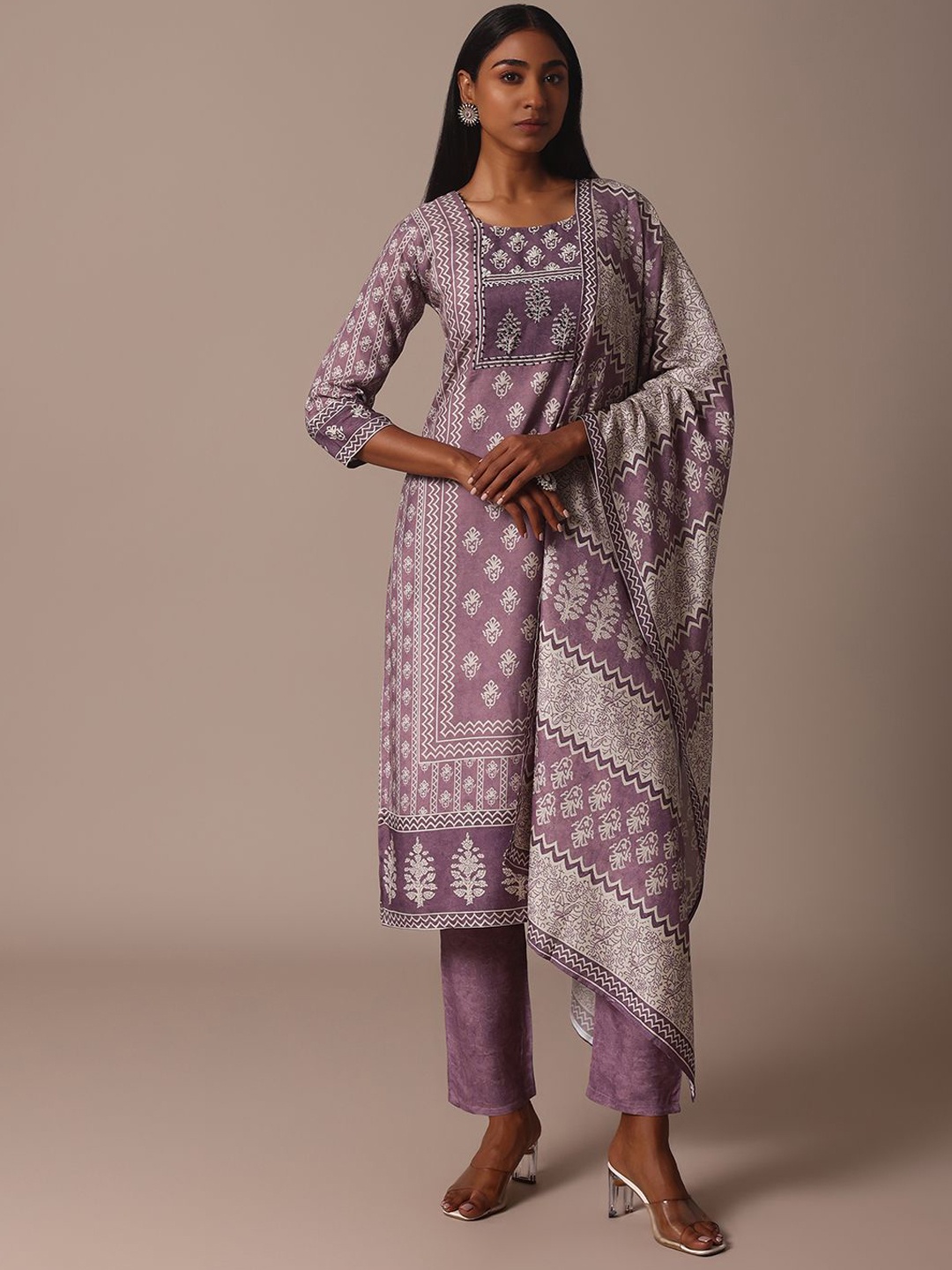 

KALKI Fashion Ethnic Motifs Printed Straight Kurta with Trousers & Dupatta, Purple