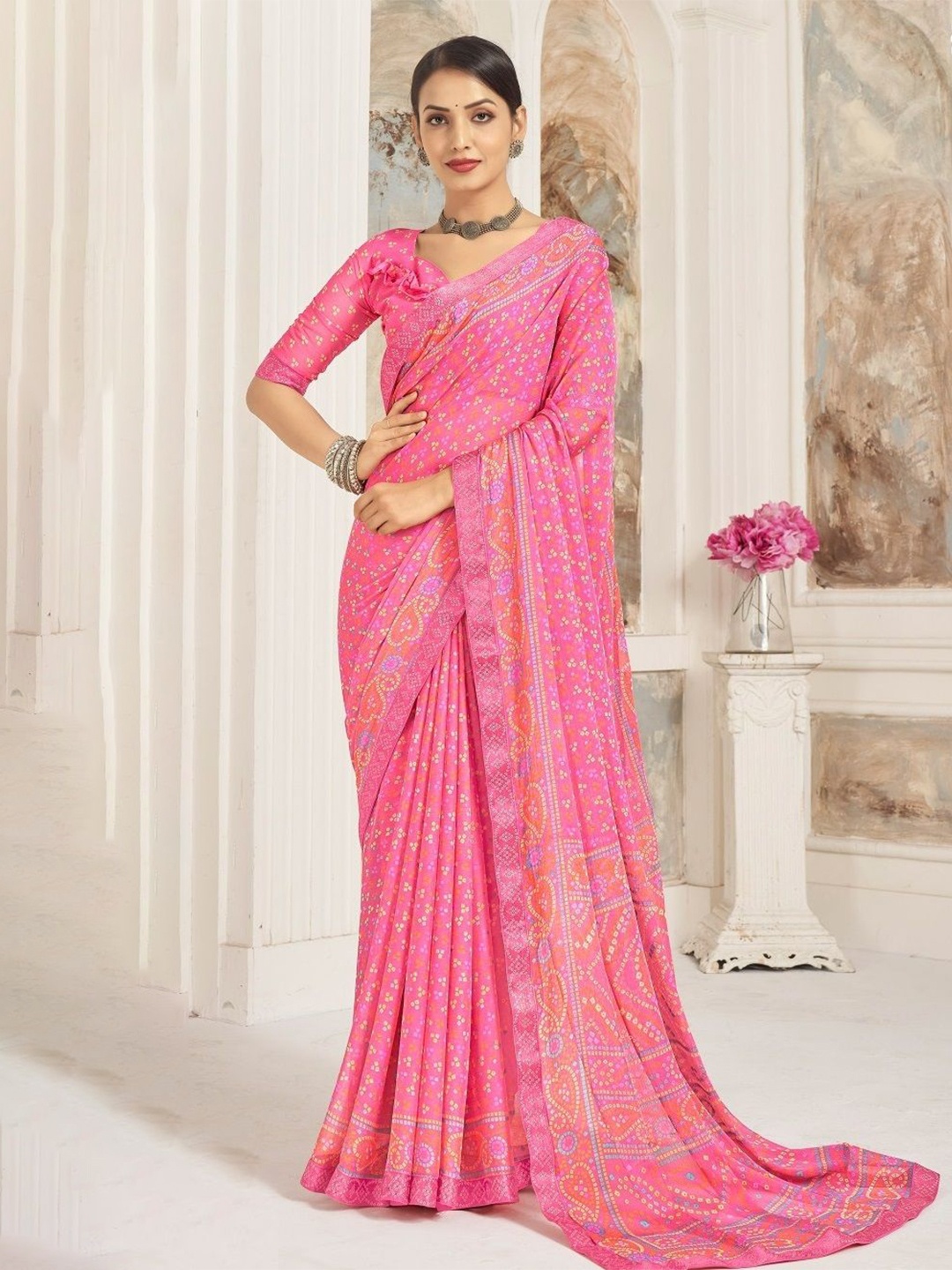 

Reboot Fashions Bandhani Pure Chiffon Bandhani Saree, Pink