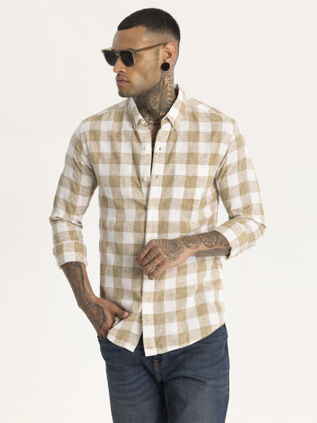 

Snitch Men Smart Button-Down Collar Tartan Checked Linen Slim Fit Casual Shirt, Yellow