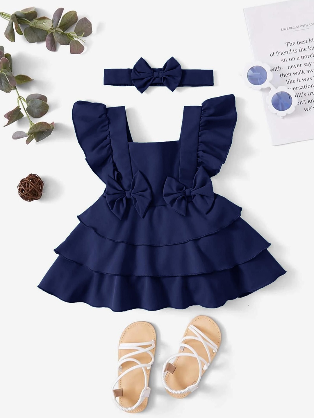 

LYTIX Infant Girls Bow Front Square Neck Crepe Flutter Sleeves Ruffle Flare Dress, Blue
